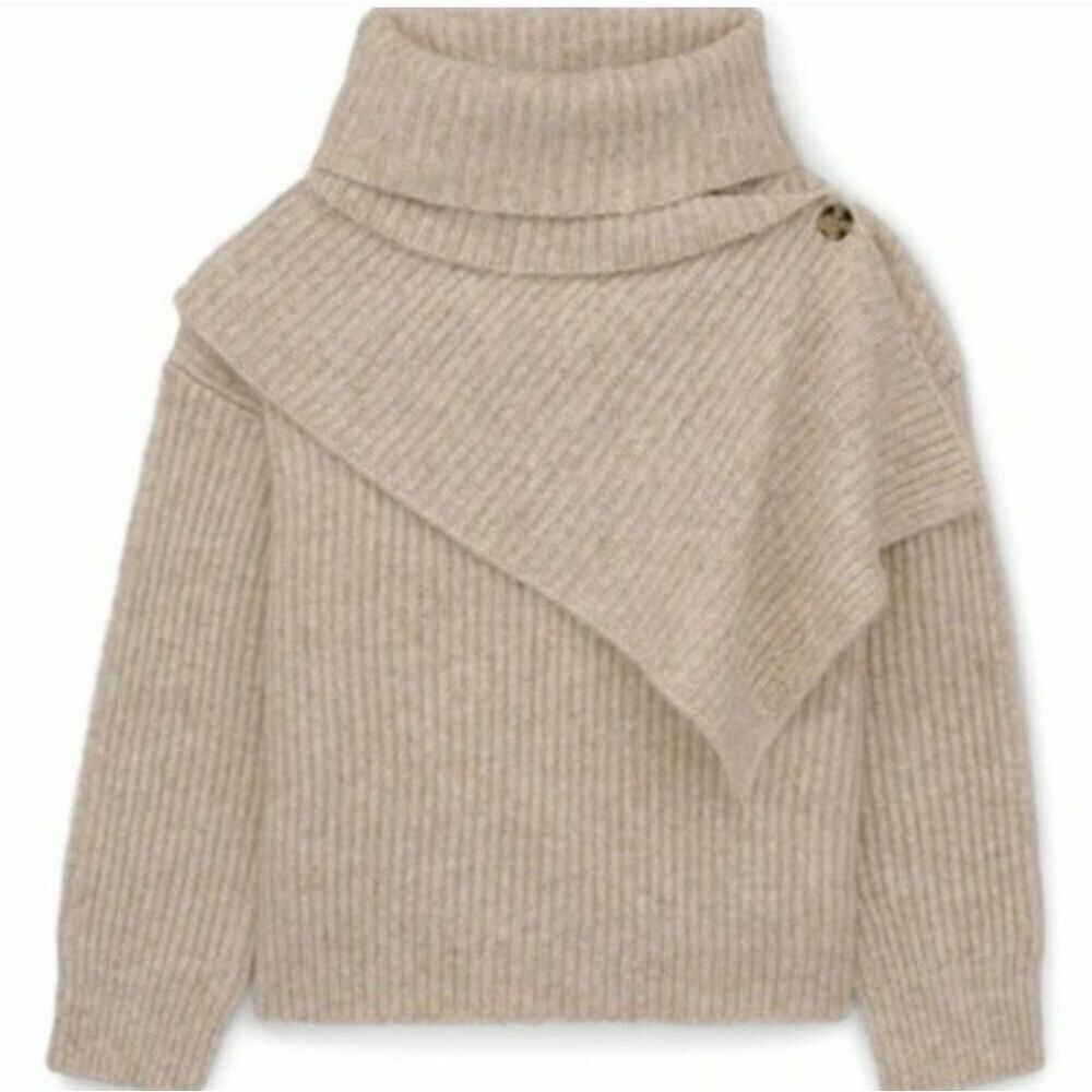 Thakoon Chunky Scarf Ribbed Knit Turtleneck Sweater Oatmeal Tan Size Small